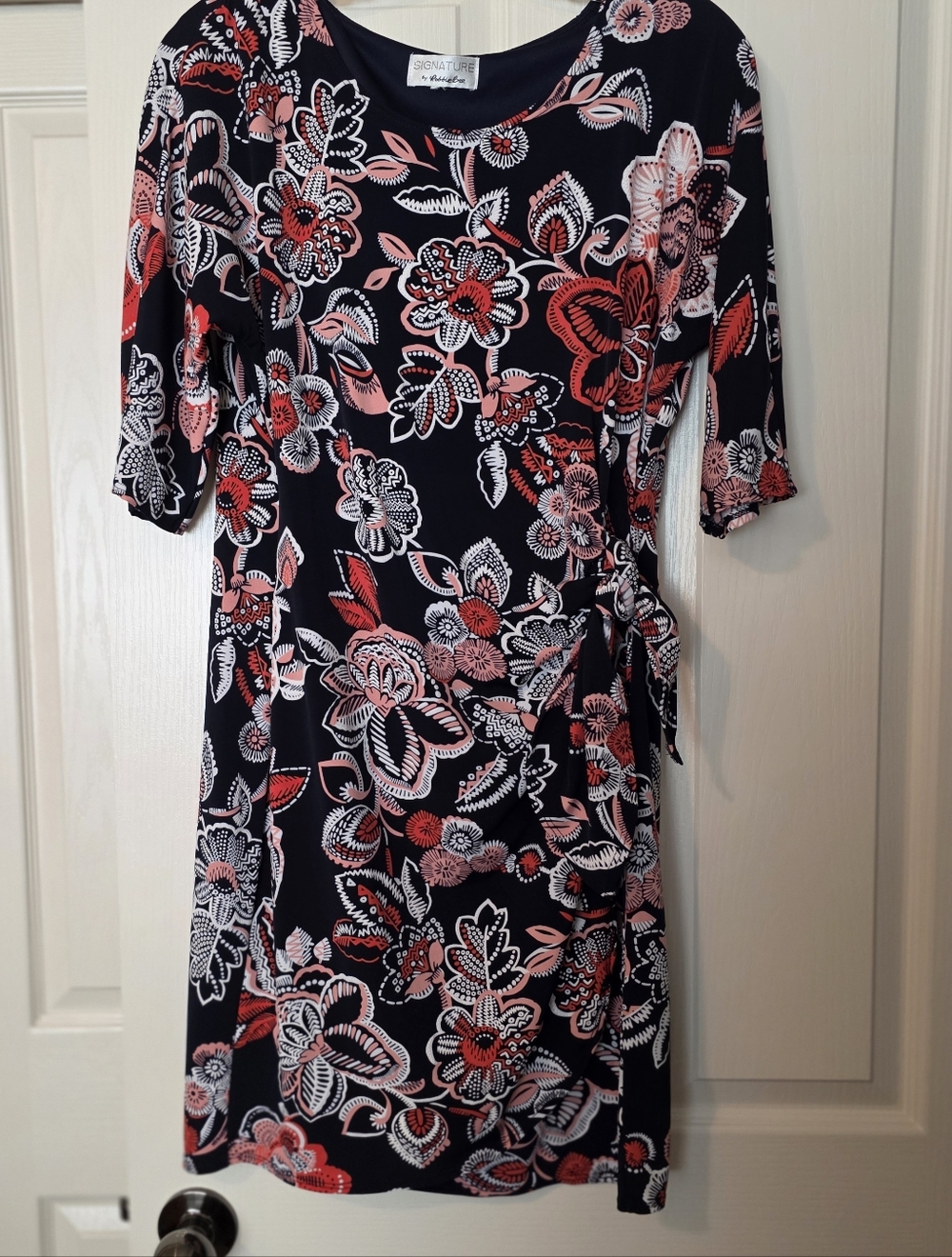 Signature by Robbie Bee Navy Floral Faux Wrap Dress with Coral and White Blooms